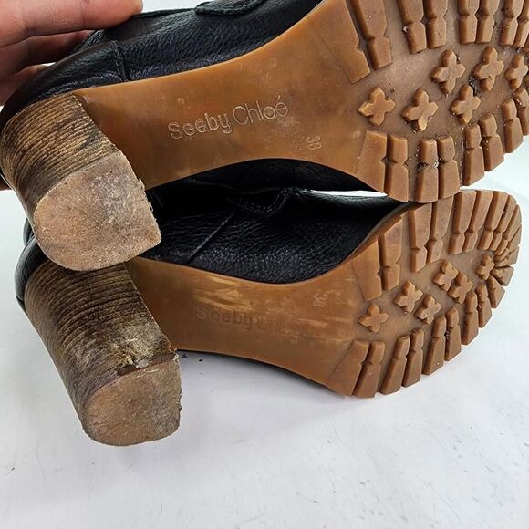 See by Chloe Knit Cuff Lace-Up Booties US 7.5 Black Leather Heel Booties Boot - Picture 6 of 13